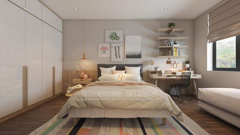 Giường gỗ sồi tự nhiên gam sáng kết hợp nệm đầu giường tối màu tạo điểm nhấn ấn tượng cho phòng ngủ biệt thự nhỏ hiện đại trẻ trung.